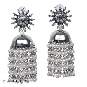 Yadeep India Oxidised Silver Traditional Earring With White Pearl Afghani Long Tassel Sun Shape Bigger Jhumka Jhumki for Women & Girls