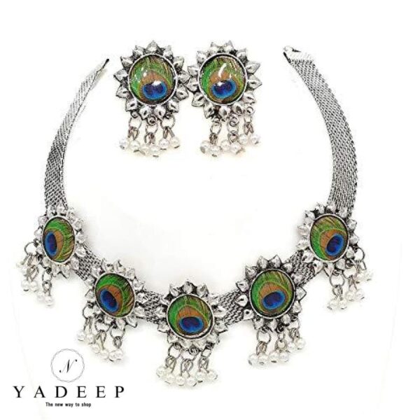 Yadeep India Oxidized German Silver Peacock Style Antique Jewellery Set For Womens And Girls