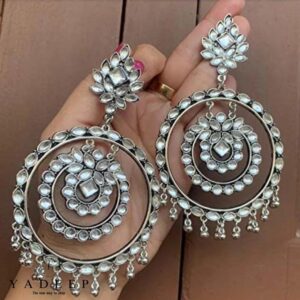 Yadeep India Oxidized Mirror Work German Silver Afghani Stylish Flower Double Round Traditional Handcrafted Chandbali Earrings for Women and Girls