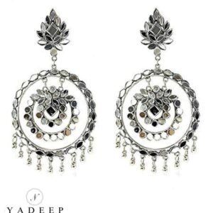 Yadeep India Oxidized Mirror Work German Silver Afghani Stylish Flower Double Round Traditional Handcrafted Chandbali Earrings for Women and Girls