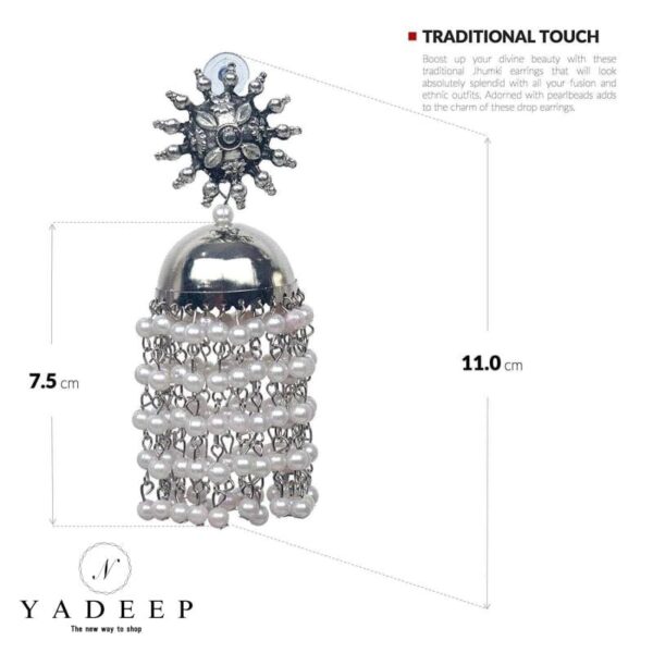 Yadeep India Oxidized Oxidised Silver Traditional Earring With White Pearl Afghani Long Tassel Sun