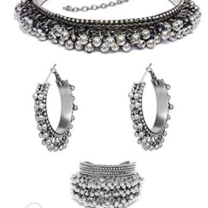 Yadeep India Oxidized Silver and Choker Necklace With Hoop Earring & Cuff Bangle Set for Women (Silver)