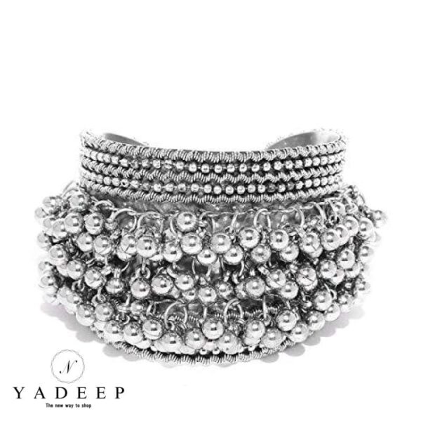 Yadeep India Oxidized Silver And Choker Necklace With Hoop Earring & Cuff Bangle Set For Women