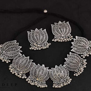 Yadeep India  Oxidized Silver and Lotus Choker Necklace for Women & Girls