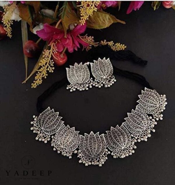 Yadeep India Oxidized Silver And Lotus Choker Necklace For Women & Girls Jewellery