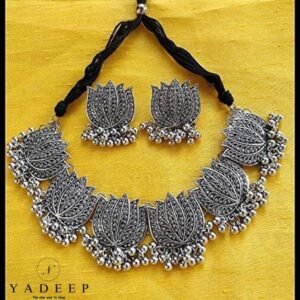 Yadeep India Oxidized Silver and Lotus Choker Necklace for Women & Girls
