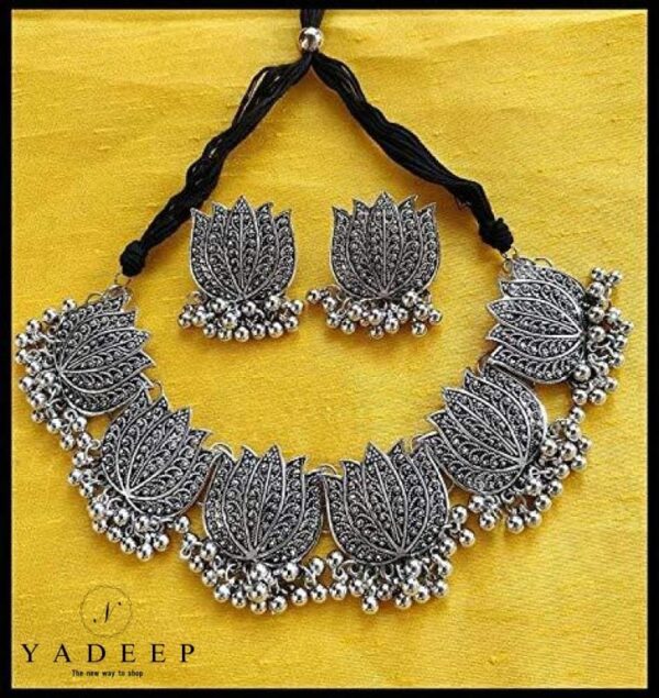 Yadeep India Oxidized Silver And Lotus Choker Necklace For Women & Girls Jewellery