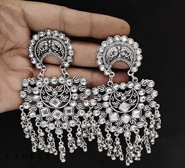 Yadeep India Raditional Silver Oxidised Antique Stylish Designer Afghni Big Dangle Drop Earrings For
