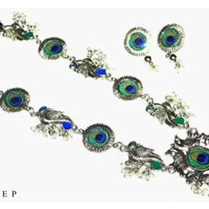 Yadeep India Shop Oxidized Jewelry Antique Peacock Choker Necklace Set for Women (Silver)