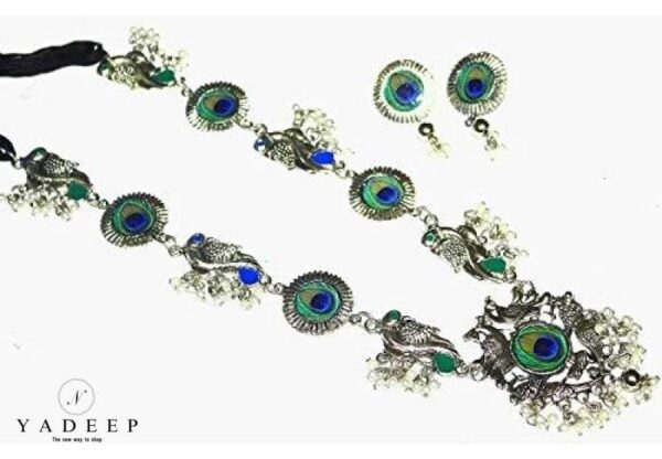 Yadeep India Shop Oxidized Jewelry Antique Peacock Choker Necklace Set For Women (Silver) Jewellery