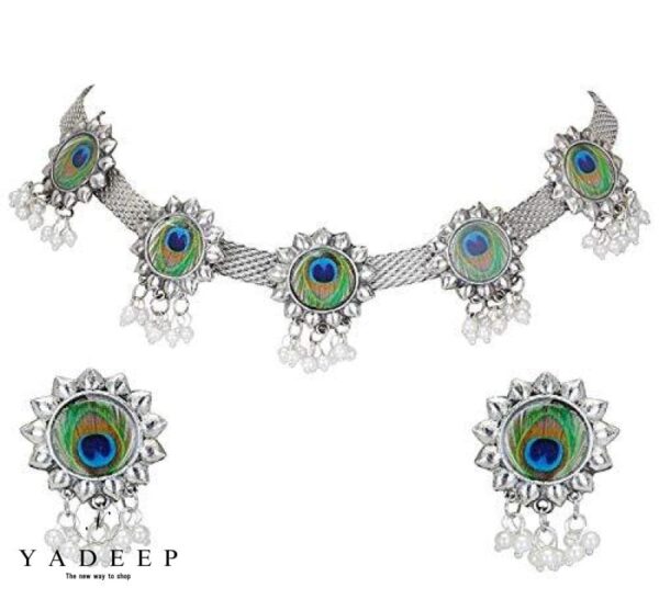 Yadeep India Silver Oxidized Base Metal And Choker Necklace Set For Women Jewellery