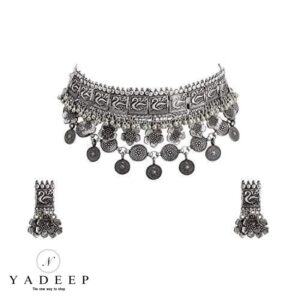Yadeep India Silver Plated and Choker Necklace with Earrings Set for Girls & Women