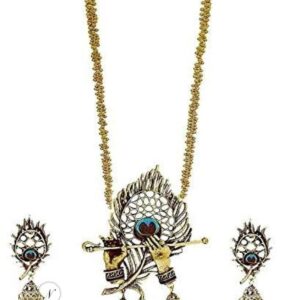 Yadeep India Stylish Oxidised Gold Plated Krishna Flute Necklace Set for Women & Girls