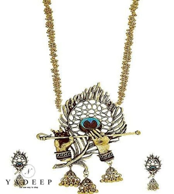 Yadeep India Stylish Oxidised Gold Plated Krishna Flute Necklace Set For Women & Girls Jewellery