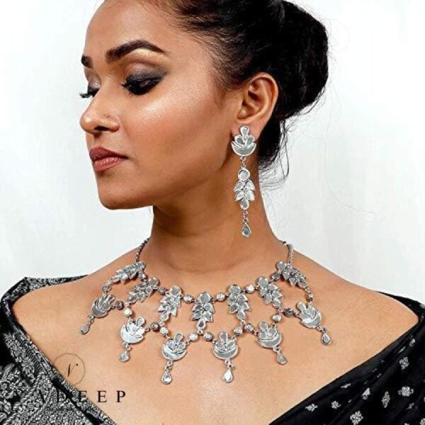 Yadeep India Traditional Designer German Silver Oxidized Mirror Choker Necklace Set With Earrings
