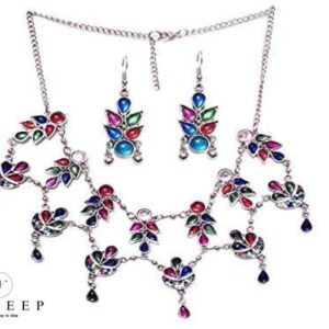Yadeep India Traditional Designer German Silver Oxidized Mirror Choker Necklace Set with Earrings for Women & Girls