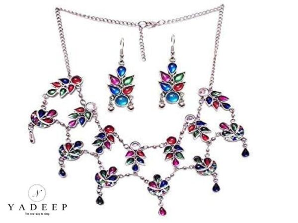 Yadeep India Traditional Designer German Silver Oxidized Mirror Choker Necklace Set With Earrings