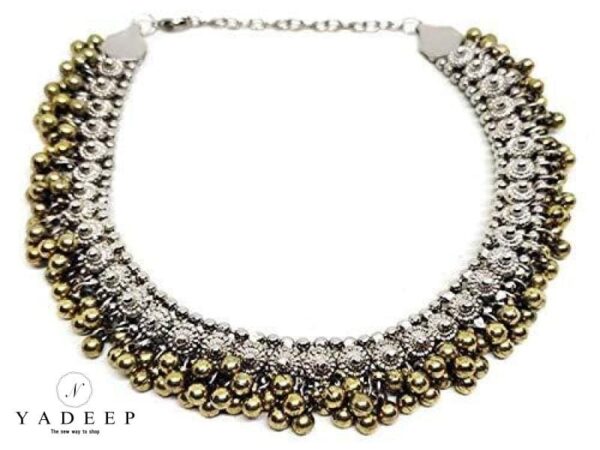Yadeep India Traditional German Silver Boho Designer Oxidized Two Tone Plated Choker Necklace For