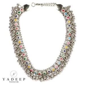Yadeep India Traditional German Silver Necklace Boho Designer Oxidized German Silver Plated Choker Necklace Set for Girls & Women