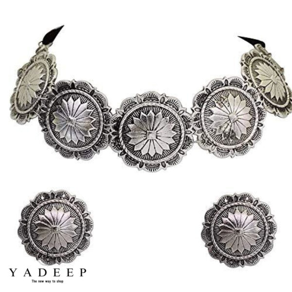 Yadeep India Traditional German Silver Necklace Boho Designer Oxidized Plated Choker Set For Girls &