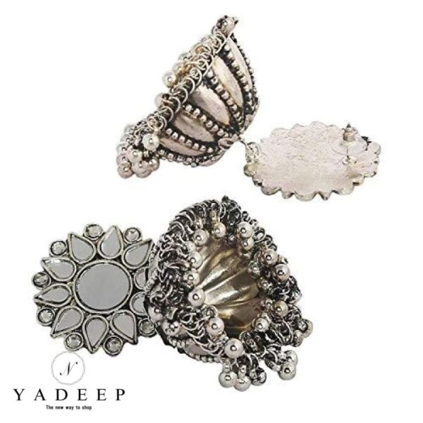 Yadeep India Traditional German Silver Oxidised Antique Stylish Designer Afghni Big Mirror Jhumka