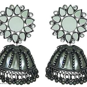 Yadeep India Traditional German Silver Oxidised Antique Stylish Designer Afghni Big Mirror Jhumka Earrings for Women and Girls