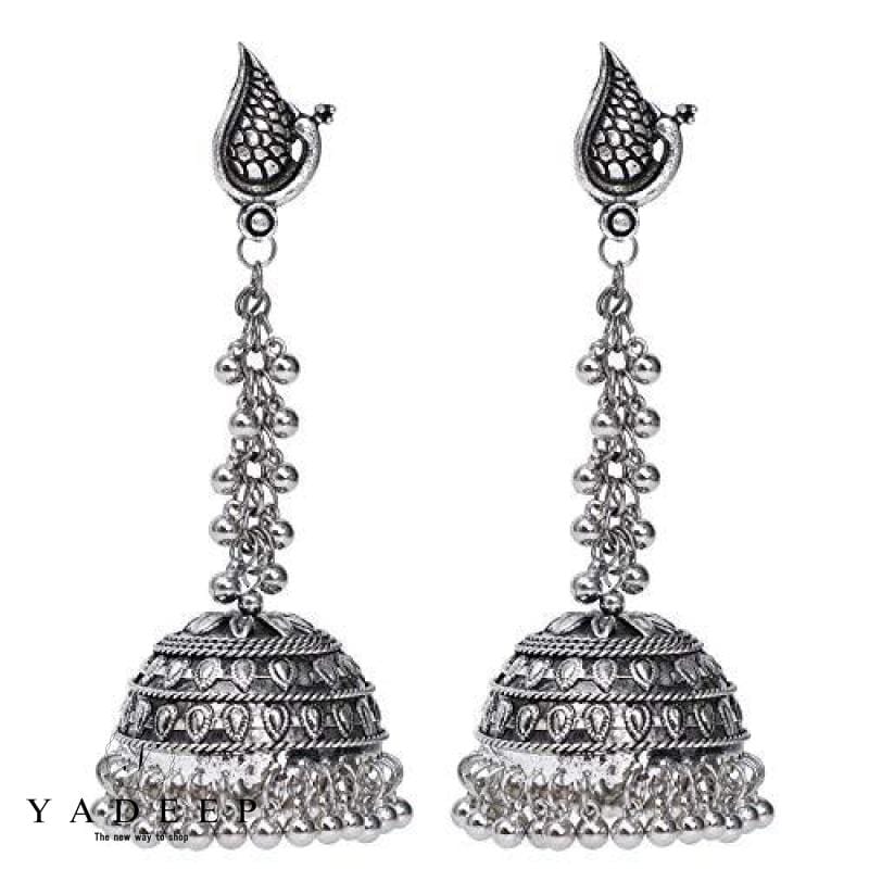 Silver Plated Temple Shaped Hair Chain Jhumka Earrings - ACCEI1551...
