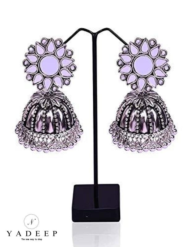 Peacock Designer Traditional Oxidized Silver Afghani Style Big Mirror  Jhumki silver Earrings for Women and Girls