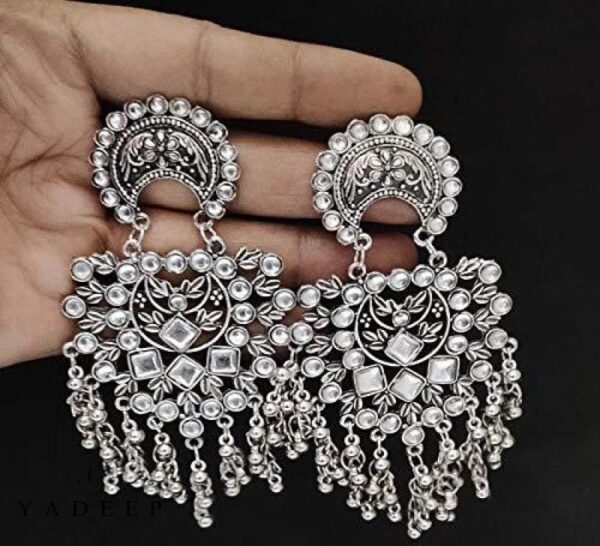 Yadeep India Traditional Silver Oxidised Antique Stylish Designer Afghni Big Dangle Drop Earrings