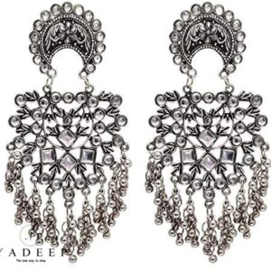 Yadeep India Traditional Silver Oxidised Antique Stylish Designer Afghni Big Dangle Drop Earrings for women and girls