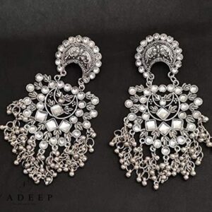 Yadeep India Traditional Silver Oxidised Antique Stylish Designer Afghni Big Dangle Drop Earrings for women and girls