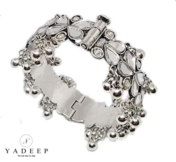 Yadeep India Women Silver Tone White Mirror Bangle Kada With Ghungroo Jewellery