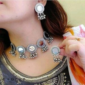 Yadeep India Women’s Base Metal Afghani Oxidised German Silver Jewellery Stylish Antique Mirror Choker Necklace Set (Silver)