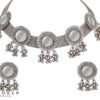 Yadeep India Womens Base Metal Afghani Oxidised German Silver Jewellery Stylish Antique Mirror