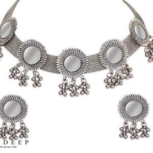Yadeep India Women’s Base Metal Afghani Oxidised German Silver Jewellery Stylish Antique Mirror Choker Necklace Set (Silver)