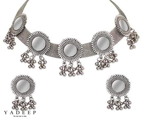 Yadeep India Womens Base Metal Afghani Oxidised German Silver Jewellery Stylish Antique Mirror