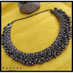 Yadeep India Women’s Base Metal German Oxidised Silver Jewellery Banjara Afghani Stylish Antique Black Ghungroo Choker Necklace