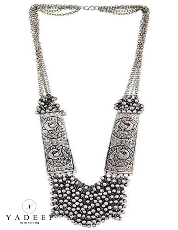 Yadeep India Womens German Oxidized Silver Brass Antique Beads Design Crystal Traditional Necklace