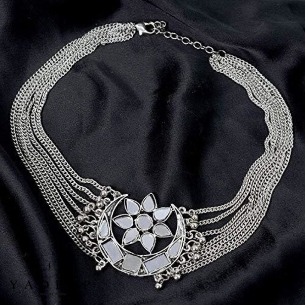 Yadeep India Womens Oxidised German Silver And Choker Necklace Set (Silver) Jewellery