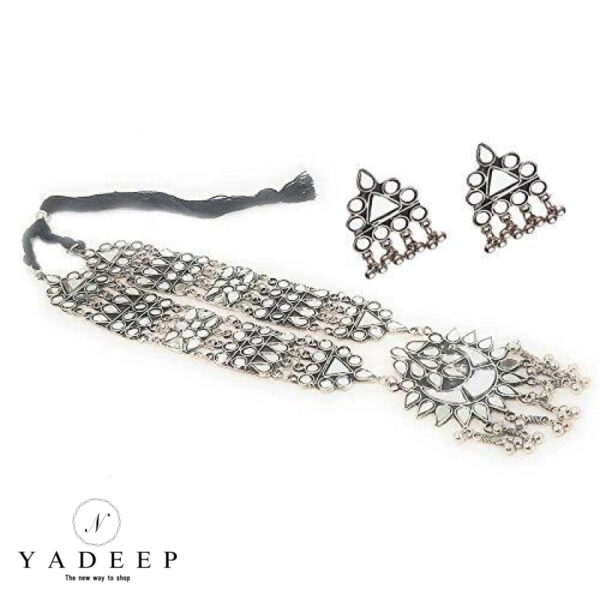 Yadeep India Womens Oxidised Silver Plated Handcrafted Long Mirror Necklace Jewellery