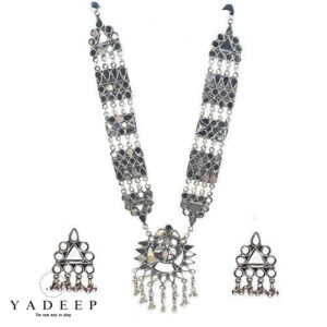 Yadeep India Women’s Oxidised Silver Plated Handcrafted Long Mirror Necklace, Silver