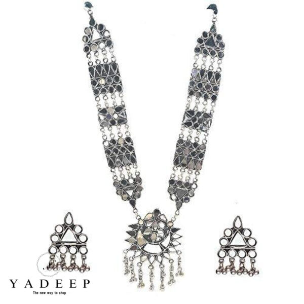 Yadeep India Womens Oxidised Silver Plated Handcrafted Long Mirror Necklace Jewellery