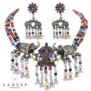 Yadeep IndiaHandcrafted Oxidised Silver Afghani Jewellery Elephant Choker Necklace for Women & Girls