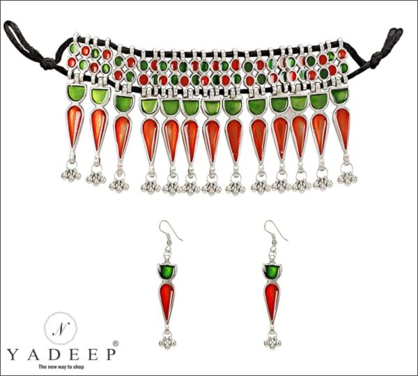 Yadeep Jewels Afghani Oxidised Silver Chain Pendant Mirror Necklace Set For Girls & Women