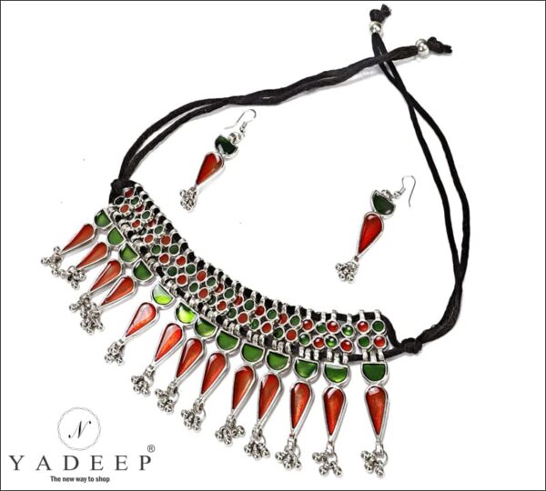Yadeep Jewels Afghani Oxidised Silver Chain Pendant Mirror Necklace Set For Girls & Women