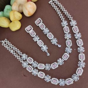 YADEEP® Dual Layer American Diamond Pink Bridal Necklace Set – Silver-Plated, Earrings Included (Copy) (Copy) (Copy) (Copy) (Copy)