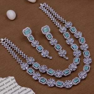 YADEEP® Dual Layer American Diamond Green Bridal Necklace Set – Silver-Plated, Earrings Included (Copy) (Copy) (Copy)
