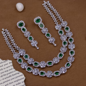 YADEEP® Dual Layer American Diamond Green Bridal Necklace Set – Silver-Plated, Earrings Included (Copy) (Copy)