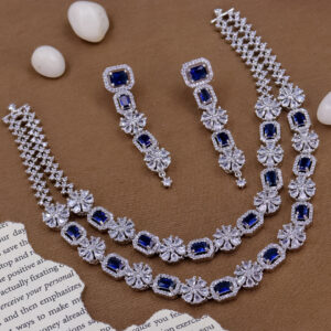 YADEEP® Dual Layer American Diamond Blue Bridal Necklace Set – Silver-Plated, Earrings Included (Copy)