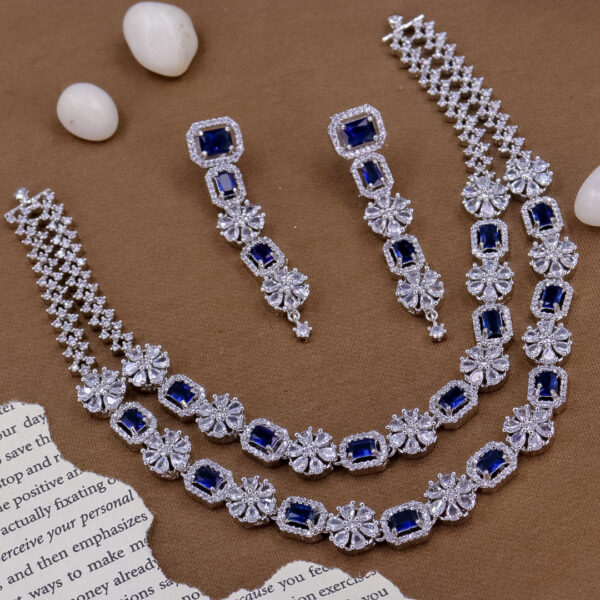 YADEEP® Dual Layer American Diamond Blue Bridal Necklace Set – Silver-Plated, Earrings Included (Copy) - Image 2